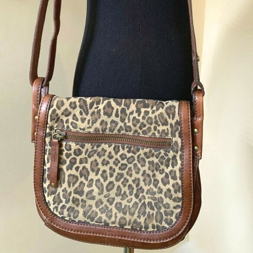 Fossil Brown Leather and Leopard Animal Print Canvas Crossbody Bag